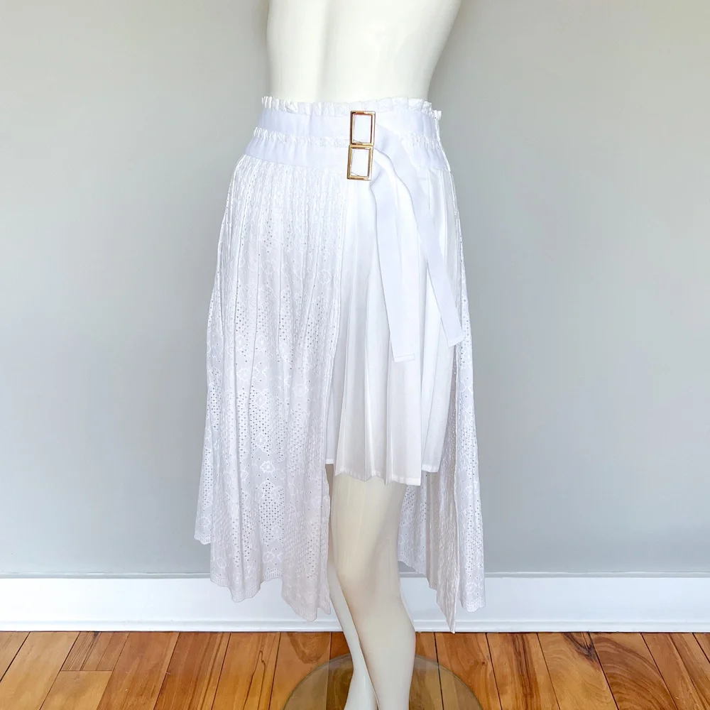 Liu Jo White Eyelet Pleated Cotton Asymmetrical Skirt 6US 42IT Italy Made NWT